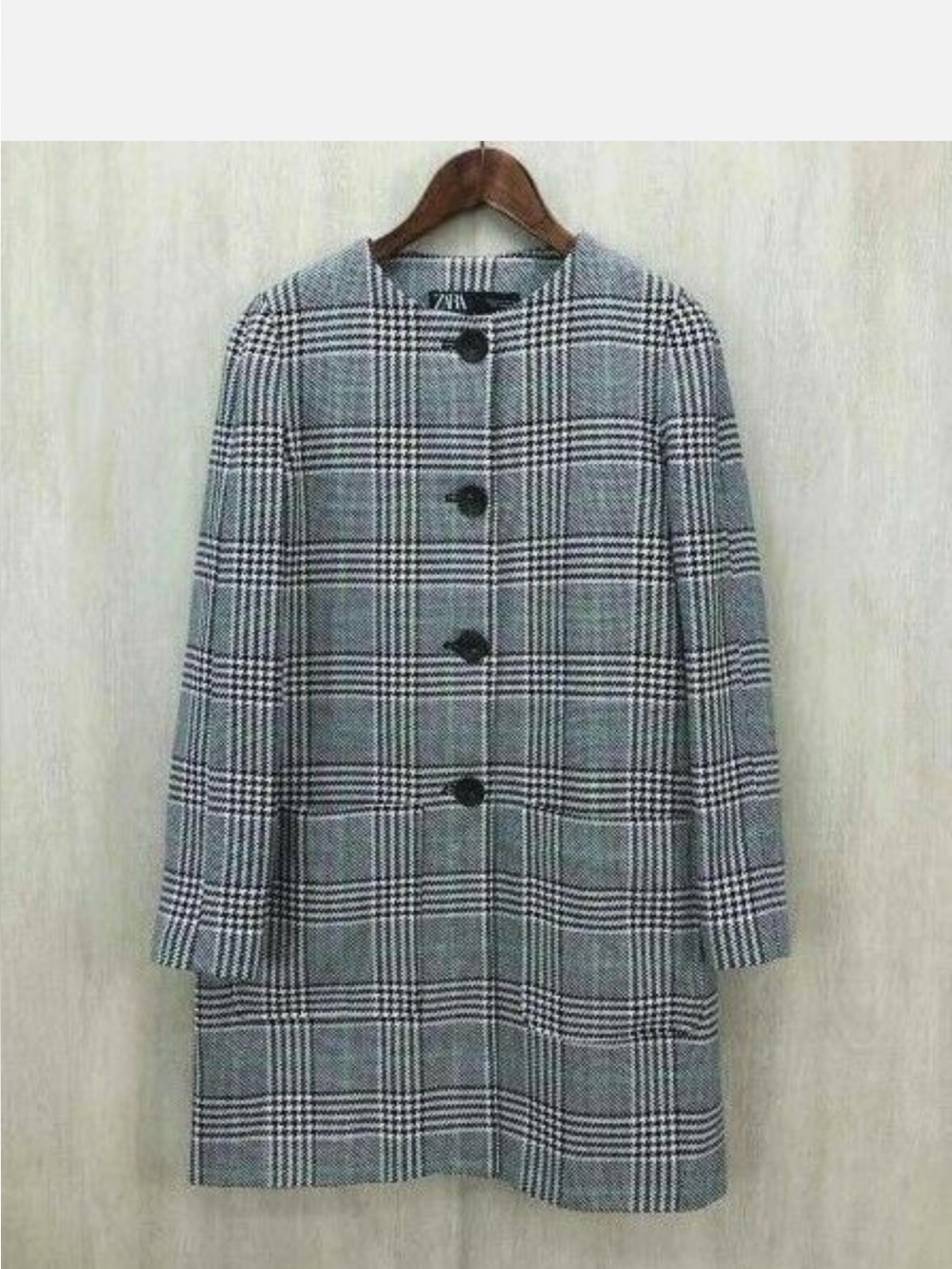 ZARA BLACK/ECRU/GREEN HOUNDSTOOTH COAT WITH ROUND NECK SIZE M - Picture 5 of 7